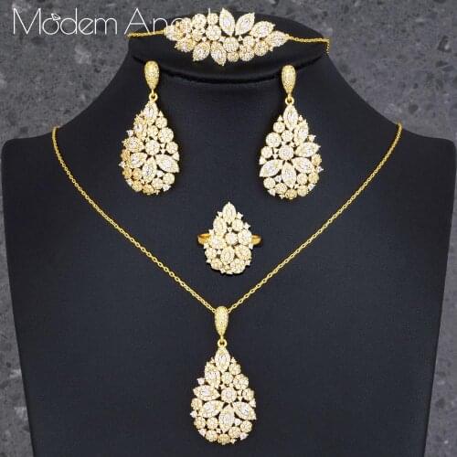 ModemAngel Luxury Delicate Water Drop Necklace Bracelet Earring Ring Jewelry Sets For Women Wedding Indian Dubai Bridal Jewelry