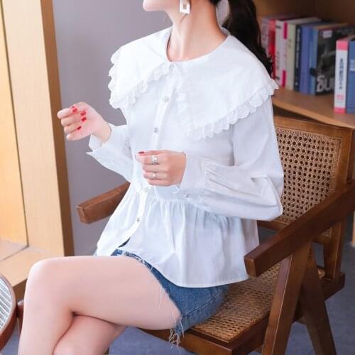 2020 Autumn sweet lace peter pan collar womens blouse long sleeve shirt temperament single breasted blouses kawaii pleated tops