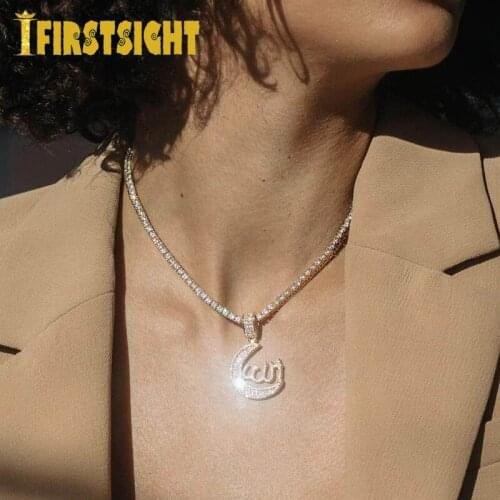 Iced Out Silver Color Muslims Allah Choker Pave Zircon 3MM Tennis Chain Moon Allah Pendant Necklace Women Men Hip Hop Jewelry