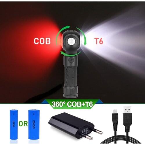 Rechargeble flashlight red white 360 degree xml t6 torch flashlight with magnet usb working spotlight lantern 18650 or 26650