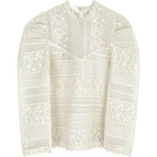 PERHAPS U Women Beige Long Sleeve Stand Collar Mesh Lace Blouse Solid Puff Sleeve Spring B0794