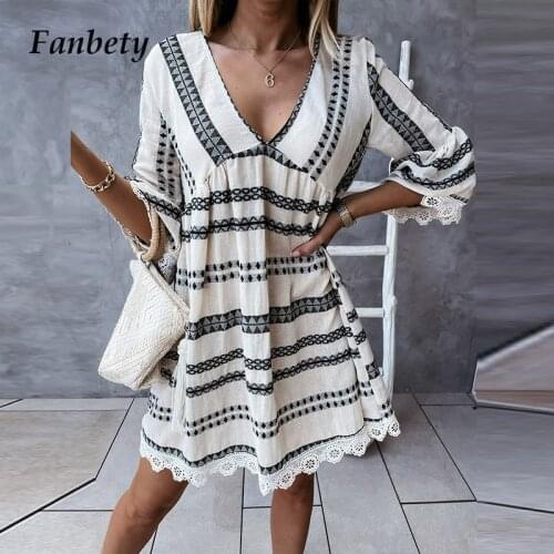 Elegant Vintage Print A-Line Loose Dress Women 2021 Summer V Neck Beach Party Dress Patchwork Lace Flare Sleeve Dress Vestidos