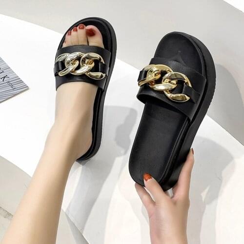 New Platform Metal Chain Slippers Women Slides String Bead Beach Double Sole Sandals Female Buckle black Slides Shoes