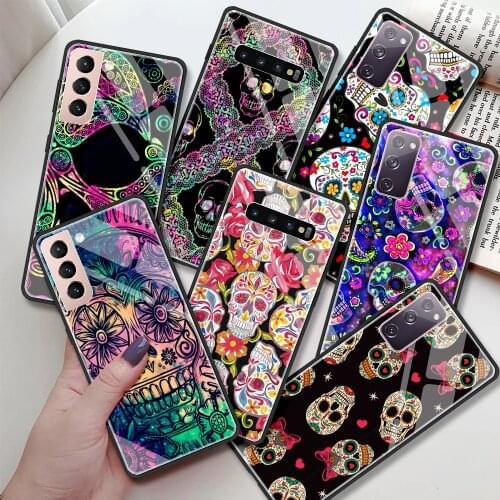 Glass Case For Samsung Galaxy S20 FE S10 Plus S21 Ultra Note 10 Lite 20 S9 S10e S8 9 Tempered Phone Cover Cool Flower Skull Art