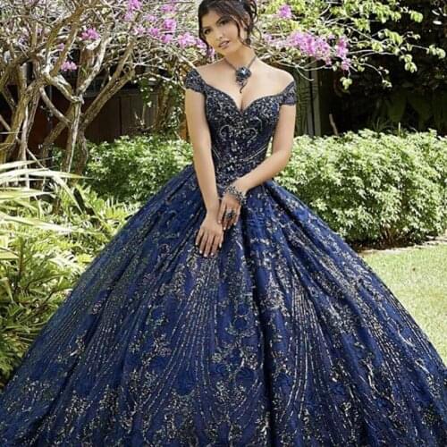 Navy Blue Princess Quinceanera Dress 2021 Ball Off Shoulder Appliques Sequins Backless Sweet 16 Gown Vestidos De 15 Años