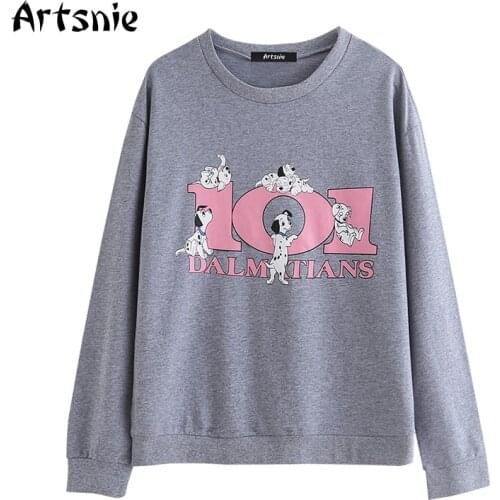 Artsnie disney cartoon print sweatshirt women autumn o neck drop shoulder gray oversized hoodies streetwear casual sweatshirts