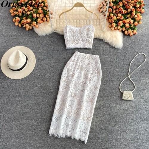 Water-soluble Crochet Hollow Lace Crop Tops and Mid Skirt 2 PIece set Women Summer Sexy Camisole One-step Skirt Outfits Female