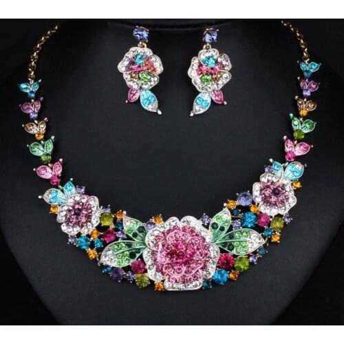 Zlxgirl Luxury Colorful womens Flower necklace And earring jewelry sets fine wedding bridal accessories sets