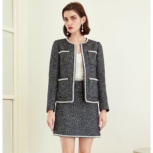 Suits Women Short Coat + Skirts Elegant Design 100% Polyester Tweed Two Piece Set Autumn Jacket Breathable Fabrics New Fashion