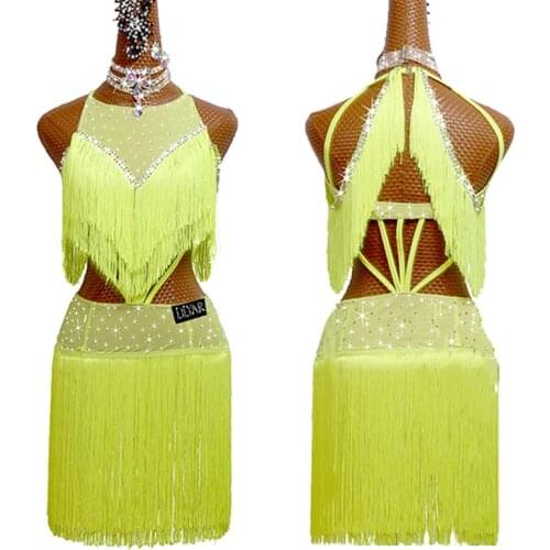 2021 Latin Dance Dress Fluorescent Yellow Fringe Competition Dresses Women Girls Cha Cha Rumba Dance Costume Stage Wear BL6745