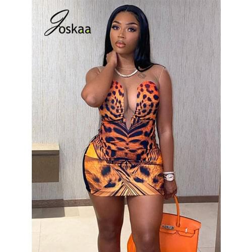 Joskaa Print Spliced Mesh Sleeveless Bodycon Mini Dress For Women Birthday Party Wear Summer 2021 Fashion Night Club Clothing