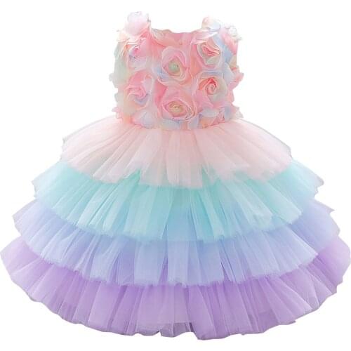 6M-2Years Girl’s Fashion Sleeveless Dress Summer Flower Stitching Round Neck Multilayer A-line Princess Dress