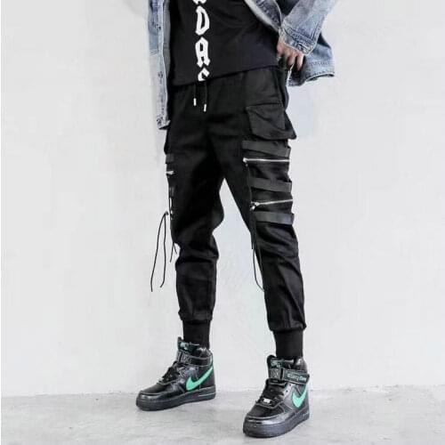 Ribbons Black Hip Hop Cargo Pants Men Streetwear Fashion Cotton Joggers Sweatpants Male Casual Harem Trousers Nice Harajuku
