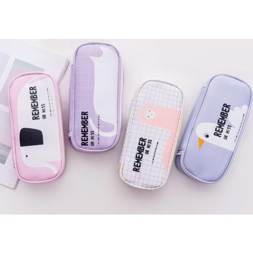 Pencil Case Kawaii Lavender PU Leather Pencil Bag Alpaca Cat Elephant Cartoon Pencil Cases for Girls Stationery Tool Pouch Gift