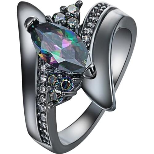 Hainon 40% off Hot sale New Ring Luxury Oval Rainbow Zircon Rings Fashion Black Gold Color Jewelry for Women