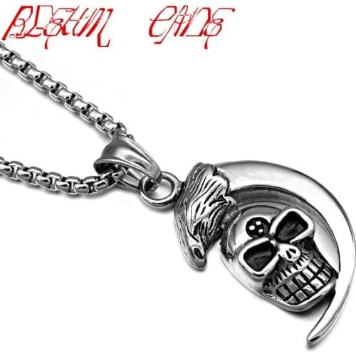 Hiphop/Rock Mens Cresent Moon Grinning Skull Pendant Necklace Eagle Head Stainless Steel Biker Necklaces