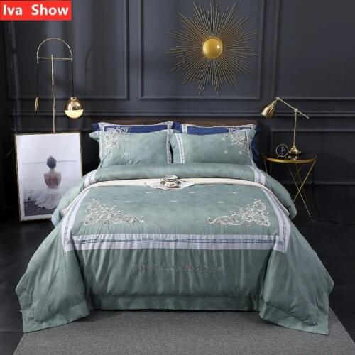 Iva Show Wormwood Green Long-staple Cotton Bedding Set Color Matching Embroidery Bed Set Queen / King Size Bed Four-pieces