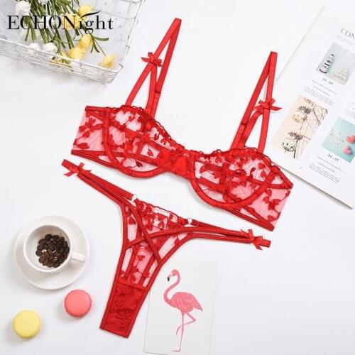Echonight Lace Underwear Women Sexy Lingerie Set Embroidery Set Woman 2 Pieces Transparent Sexy Underwear Erotic Lingerie
