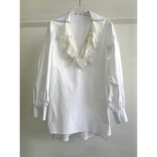 Fashion 2021 new women long-sleeved sexy casual lace ruffled feather silk pleated shirt 0326