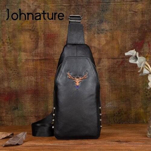 Johnature 2021 New Men Genuine Leather Chest Bag Leisure Nature Soft Cowhide Solid Color Crossbody Bags Versatile Messenger Bag