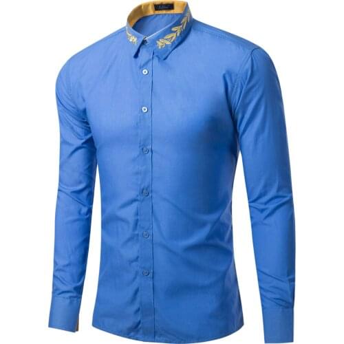Embroidery Collar Mens Shirt Solid Black Blue Burgundy White chemise homme Long Sleeves camisas para hombre camisas de hombre