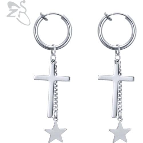 ZS 1PCS Punk Earrings Cuff for Men 316L Stainless Steel Cross Star Fake Piercing Earring for Women K Pop Fake Earrings Rock Rull
