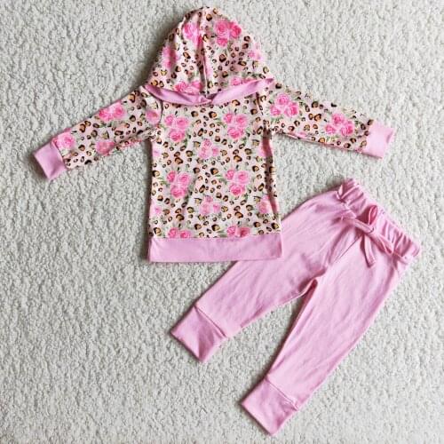 Fall/Winter Baby Girls Pink Rose Leopard Hoodie Cotton Pants Set Kids Clothing Children Boutique Outfits