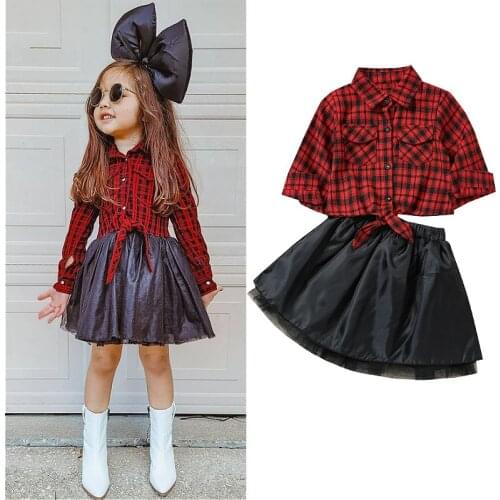 2021 Autumn Kids Girls Clothes Sets Children Plaid Long Sleeve Lapel Shirts + A-line Tutu Skirts Casual Baby Outfits 1-5 Years