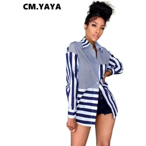 CM.YAYA Women Shirts Striped Full Sleeve Turn-down Single Breasted Loose Straight Long Shirts Casual Fashion Streetwear Summer
