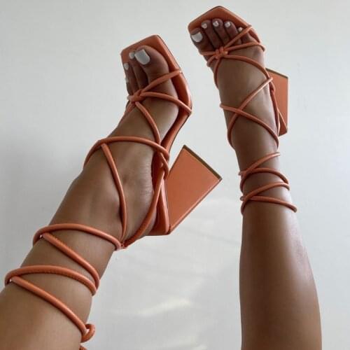 Triangle heel Gladiators Sandals for Women Ankle Strap Open Toe High Heels Shoes Women Heels Streetwear Blue Orange Ladies Shoe