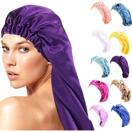 Women Satin Long Bonnet Sleeping Cap with Button Folding Candy Color Elastic Beanie Night Hat for Curly Braids Hair