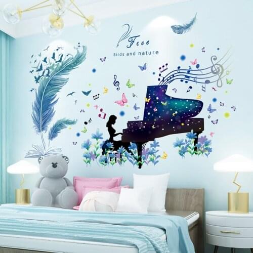 [SHIJUEHEZI] Cartoon Feathers Wall Stickers DIY Girl Piano Wall Decals for House Living Room Kids Bedroom Nursery Decoration