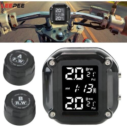 LEEPEE Motorcycle TPMS Motor Tire Pressure Monitoring Alarm System LCD Display Tyre Temperature With 2 External Sensors
