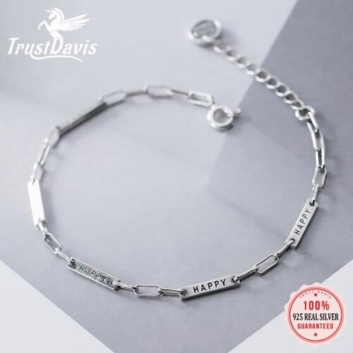 Trustdavis Real 925 Sterling Silver Sweet Geometric Rectangle Happy Letter Charm Bracelet For Women Wedding Birthday Gift DA1673