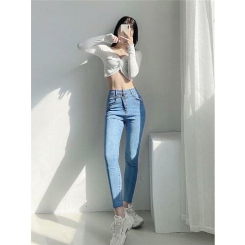 Spring summer new style street high waist solid color stretch jeans women, sexy hip-fitting tight-fitting nine-point jeans women
