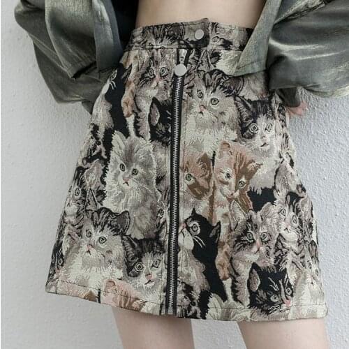 Embroidery Cat Cartoon Print Skirts Women Autumn Mini Pencil Skirts Vintage Korean High Waist Warp Skirt Streetwear Winter Club