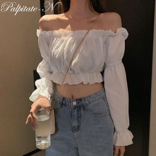 Women Top Sexy Blouse Off Shoulder Top Long Sleeve Solid Color White Shirt Puff Sleeve Ruffle Tunic Crop Top Summer Tube Top