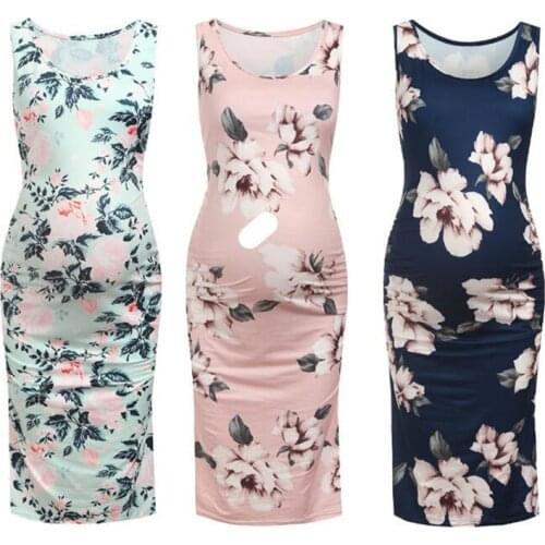 Womens Maternity Bodycon Floral Print Casual Sleeveless Mama Dress Maternity Tank Top Pregnancy Dress