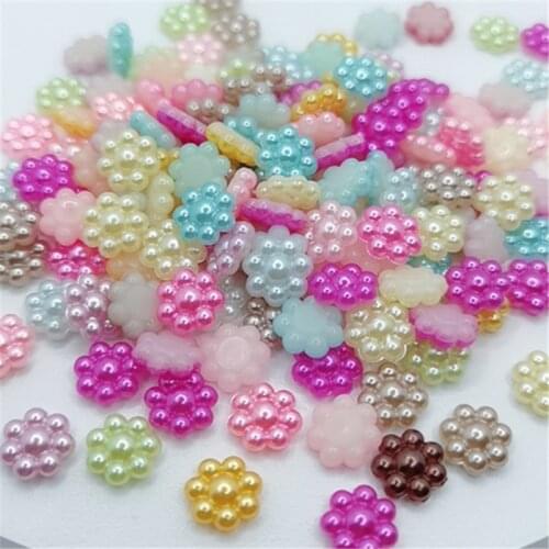 200Pcs/Pack 10mm Mix Color Flower Shape Imitation Half Round Pearl Flatback Beads for Scrapbook DIY Decoration