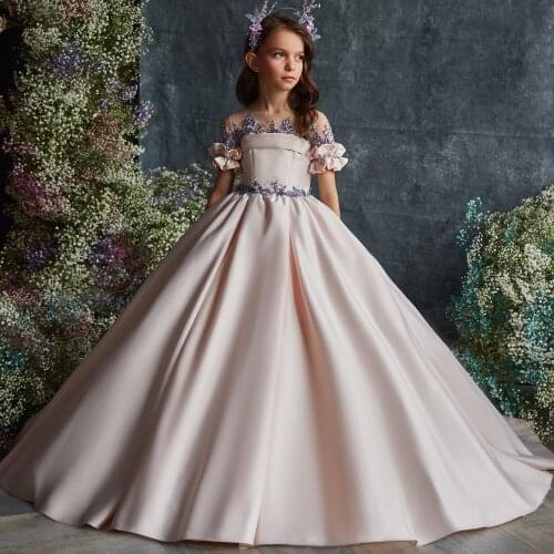 Short Sleeve Flower Girl Dresses Satin Beading Vestidos Little Girls Pageant Gowns Birthday Party Prom Kids Christmas Dress