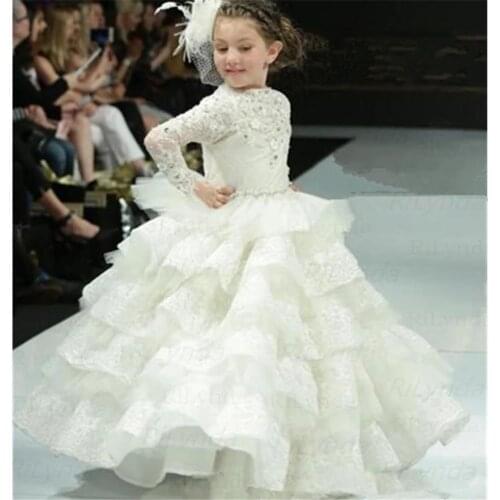 White Princess Girls Pageant Gowns Long Sleeves Lace Tiered Flower Girl Dresses For Wedding Baby Girls Birthday Party Dress Cust