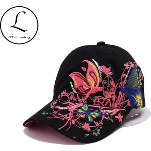 2021 New Women embroidery sequin 100% cotton baseball caps Butterflies flowers casual summer hat for female Adjustable anti-UV