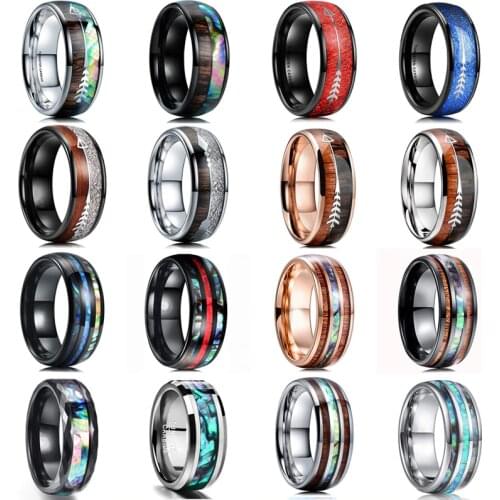 FDLK Type 25 Fashion 8mm Mens Black Stainless Steel Rings Hawaiian Koa Wood & Abalone Shell Opal Inlay Ring Mens Wedding Band