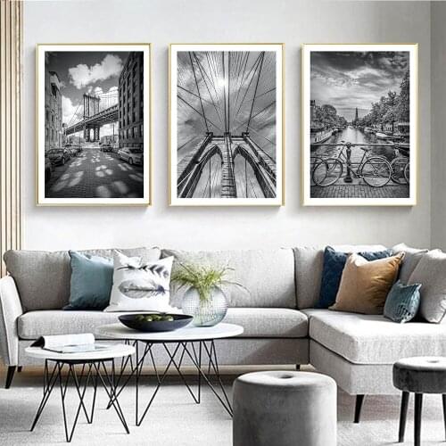 Canvas Painting Amsterdam Views New York Brooklyn Bridge Posters And Prints Black White Wall Art Pictures For Living Room Decor