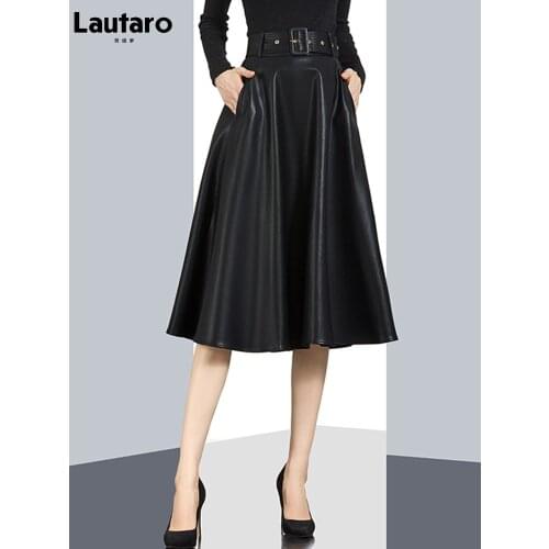 Lautaro Autumn High Waisted Black Soft Knee Length Pu Leather Skirt Women Belt A Line Long Skirts Korean Fashion Clothing 2021