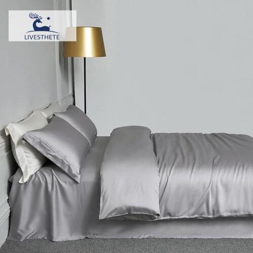 Liv-Esthete Women Gray Top Grade 100% Silk Bedding Set Healthy Silky Duvet Cover Queen King Flat Sheet Pillowcase Bed Linen Set