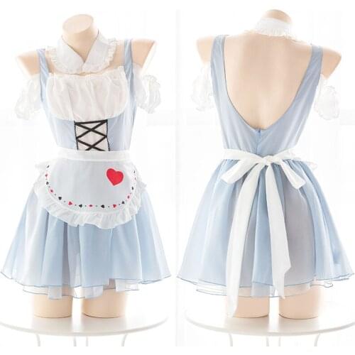 Cute Alice Sexy Lolita Perspective Backless Dress Set Cosplay Maid Blue White Uniform Set Japanese Anime Female Underwear Set