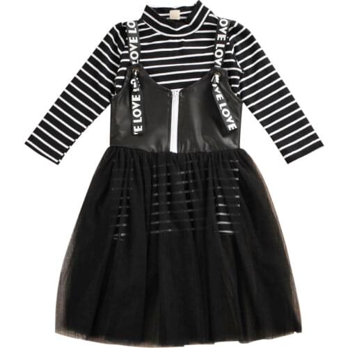Boutique Girl Clothes Fashion Infant Baby Girl Clothes Striped Tops+Strap Tulle PU Dress 2PCSOutfits Set