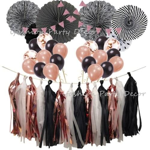 Rose Gold Black Wedding Decoration Event Party Supplies Favors Paper Flower Fan Set Foil Balloon Garland for Christmas Birthday