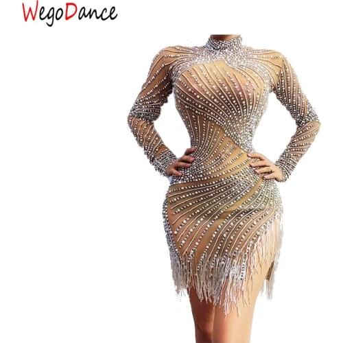 Silver Rhinestone Fringe Dress Lady Prom Evening Outfit Bar Singer See Through Mesh Shining Birthday Tassel